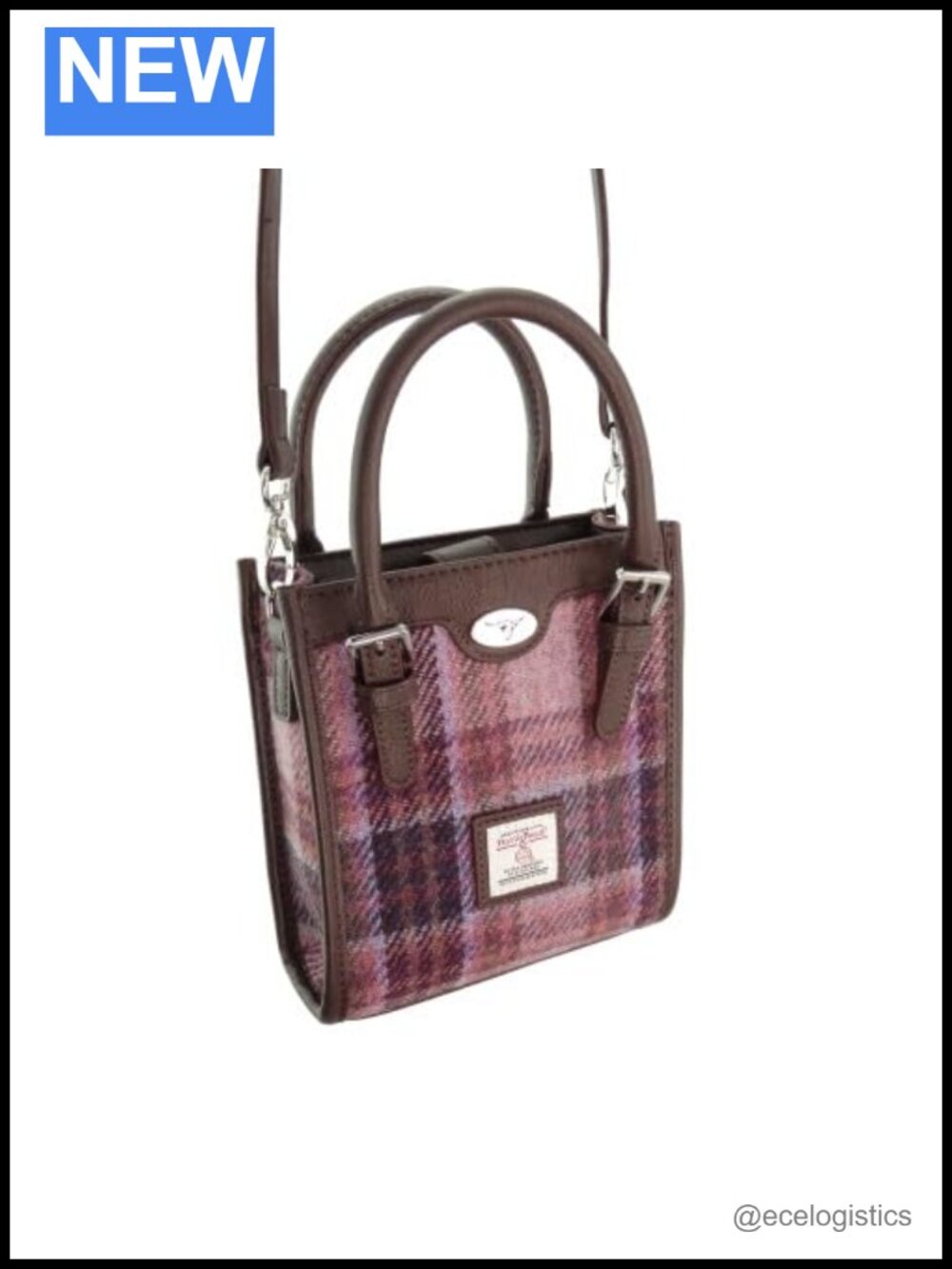 Genuine Harris Tweed Mini Tote Bag with Vegan Leather Trim, Tartan Pattern,